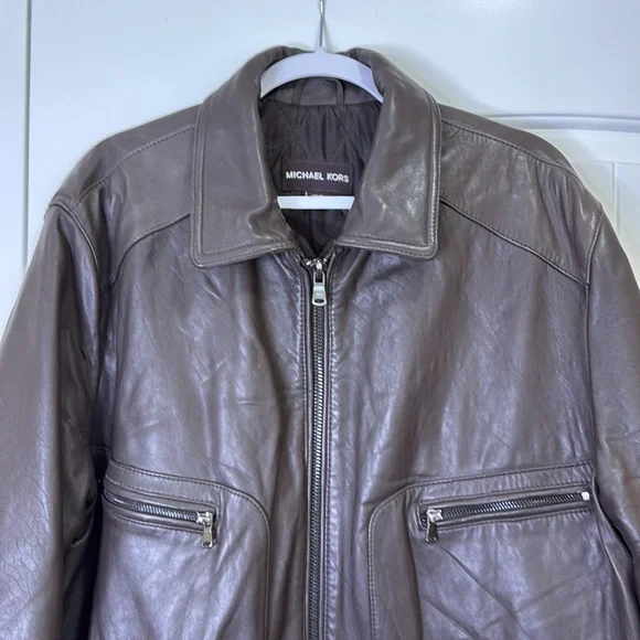 Michael Kors Men's Dark Brown Leather Jacket Coat Multiple Pockets XXL - Picture 4 of 16